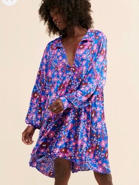 Free People Daisy Jane Blue Floral Mini Dress with Pink & Purple Accents